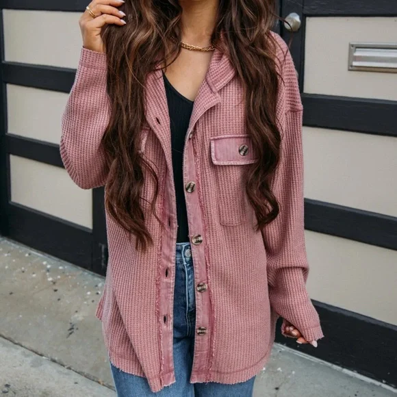 NWT Very J Mauve Thermal Waffle Knit Button Down Shacket Jacket Hoodie Hoody - Picture 1 of 11